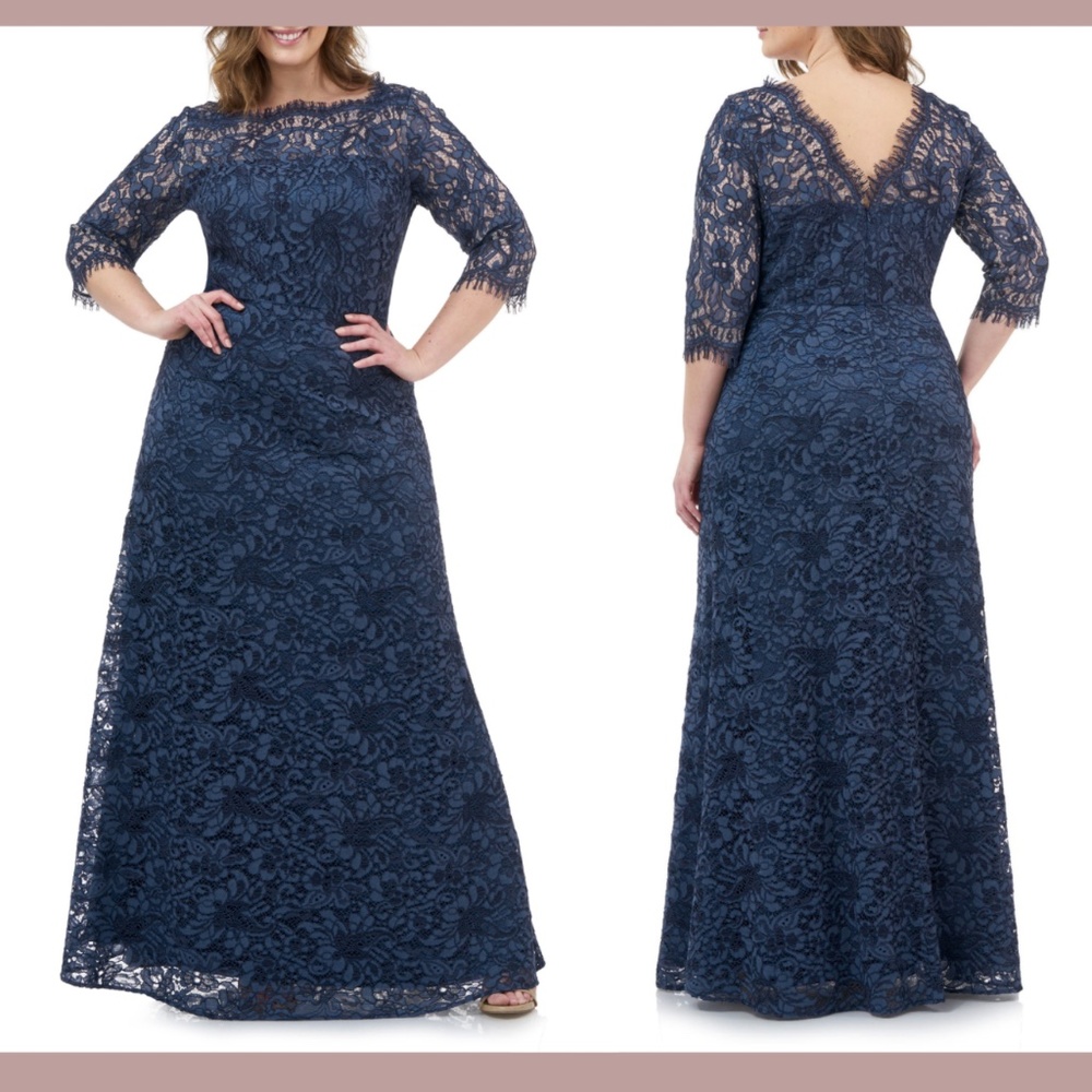 NWT JS Collections [ PLUS 22W ]‎ Bateau Neck Lace Gown In Mineral Blue